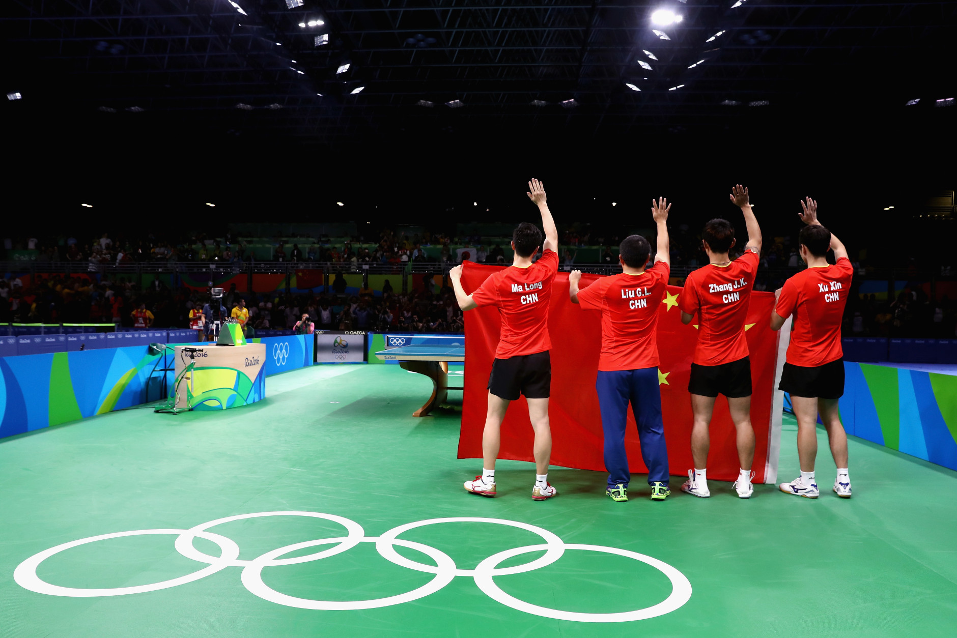 RIO DE JANEIRO, BRAZIL - AUGUST 17:  China celebrates winning the Men's Table Tennis gold medal match against Japan at Riocentro - Pavilion 3 on Day 12 of the Rio 2016 Olympic Games  on August 17, 2016 in Rio de Janeiro, Brazil.  (Photo by Phil Walter/Getty Images)