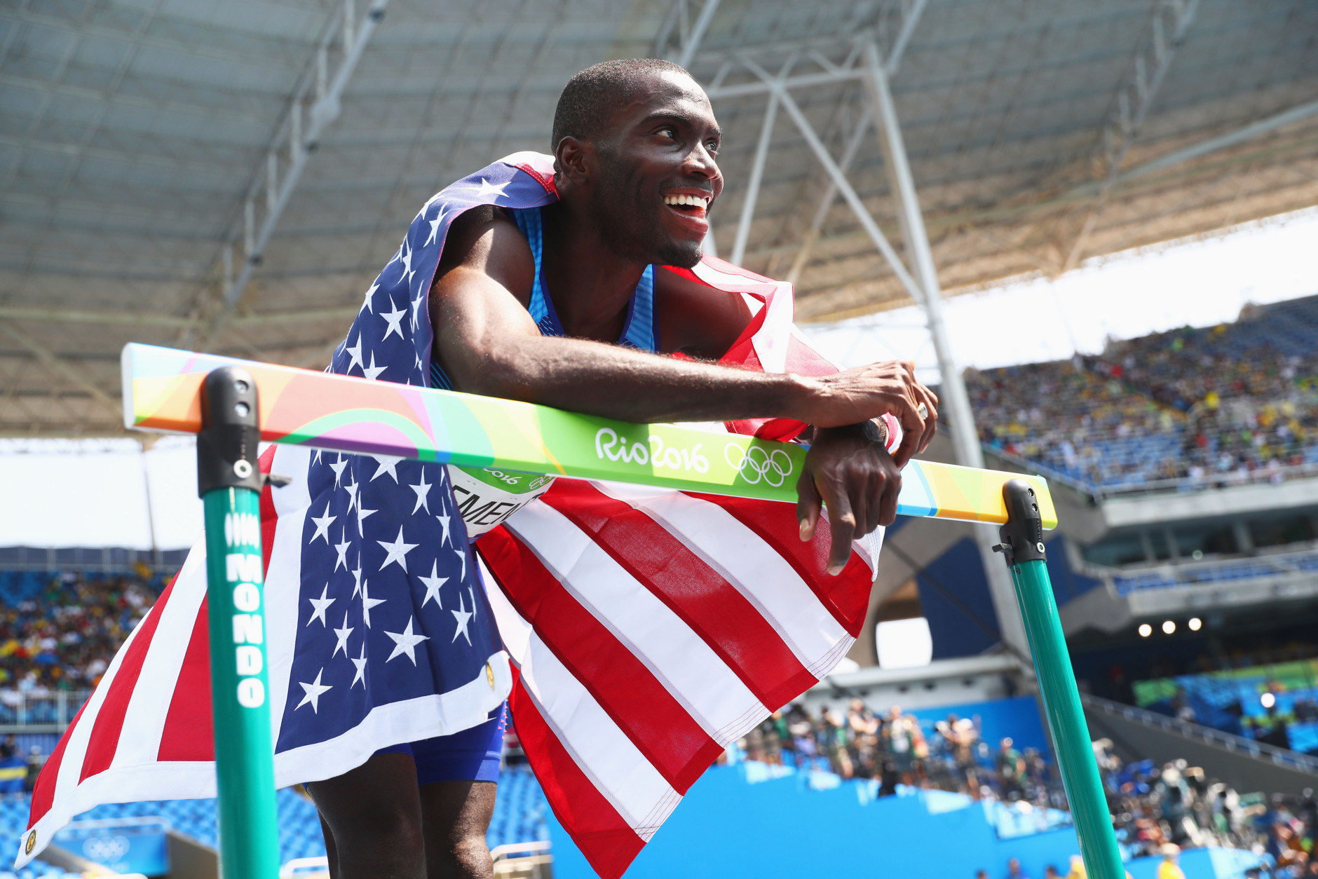 RIO DE JANEIRO, BRAZIL - AUGUST 18:  Kerron Clement of the United States celebrates after placing first in the Men's 400m Hurdles Final on Day 13 of the Rio 2016 Olympic Games at the Olympic Stadium on August 18, 2016 in Rio de Janeiro, Brazil.  (Photo by Alexander Hassenstein/Getty Images)