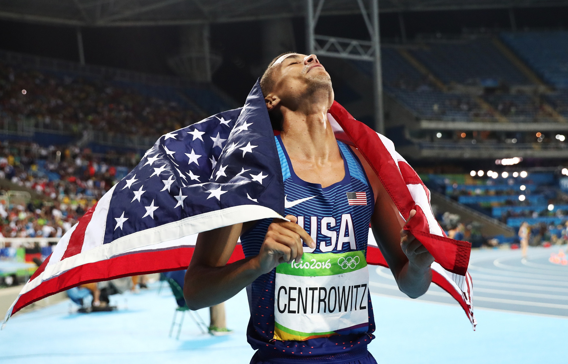 RIO DE JANEIRO, BRAZIL - AUGUST 20:  Matthew Centrowitz of the United States celebrates after winning gold in the Men's 1500 meter Final on Day 15 of the Rio 2016 Olympic Games at the Olympic Stadium on August 20, 2016 in Rio de Janeiro, Brazil.  (Photo by Ezra Shaw/Getty Images)