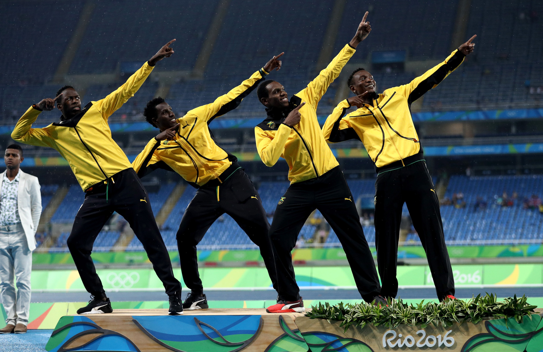 RIO DE JANEIRO, BRAZIL - AUGUST 20:  Silver medalists Peter Matthews, Javon Francis, Naton Allen and Fitzroy Dunkley of Jamaica stand on the podium during the medal ceremony for the Men's 4 x 400 meter Relay on Day 15 of the Rio 2016 Olympic Games at the Olympic Stadium on August 20, 2016 in Rio de Janeiro, Brazil.  (Photo by Patrick Smith/Getty Images)