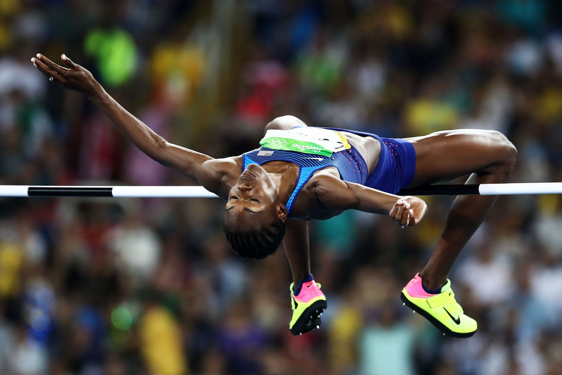 RIO DE JANEIRO, BRAZIL - AUGUST 20:  Chaunte Lowe of the United States competes in the Women's High Jump final on Day 15 of the Rio 2016 Olympic Games at the Olympic Stadium on August 20, 2016 in Rio de Janeiro, Brazil.  (Photo by Ezra Shaw/Getty Images)