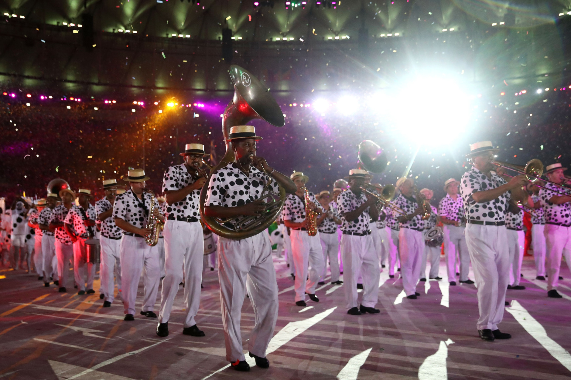 RIO DE JANEIRO, BRAZIL - AUGUST 21:  A marching band entertains the crowd and athletes during the Closing Ceremony on Day 16 of the Rio 2016 Olympic Games at Maracana Stadium on August 21, 2016 in Rio de Janeiro, Brazil.  (Photo by Cameron Spencer/Getty Images)