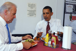 ARLINGTON, VA - MAY 5:  U.S. President Barack Obama (R) and U.S. Vice President Joe Biden sit at a table with their cheeseburger lunch orders at Ray's Hell Burger May 5, 2009 in Arlington, Virginia. Obama and Biden made an unannouced vist to the Arlington restaurant.   (Photo by Roger L. Wollenberg-Pool/ Getty Images)