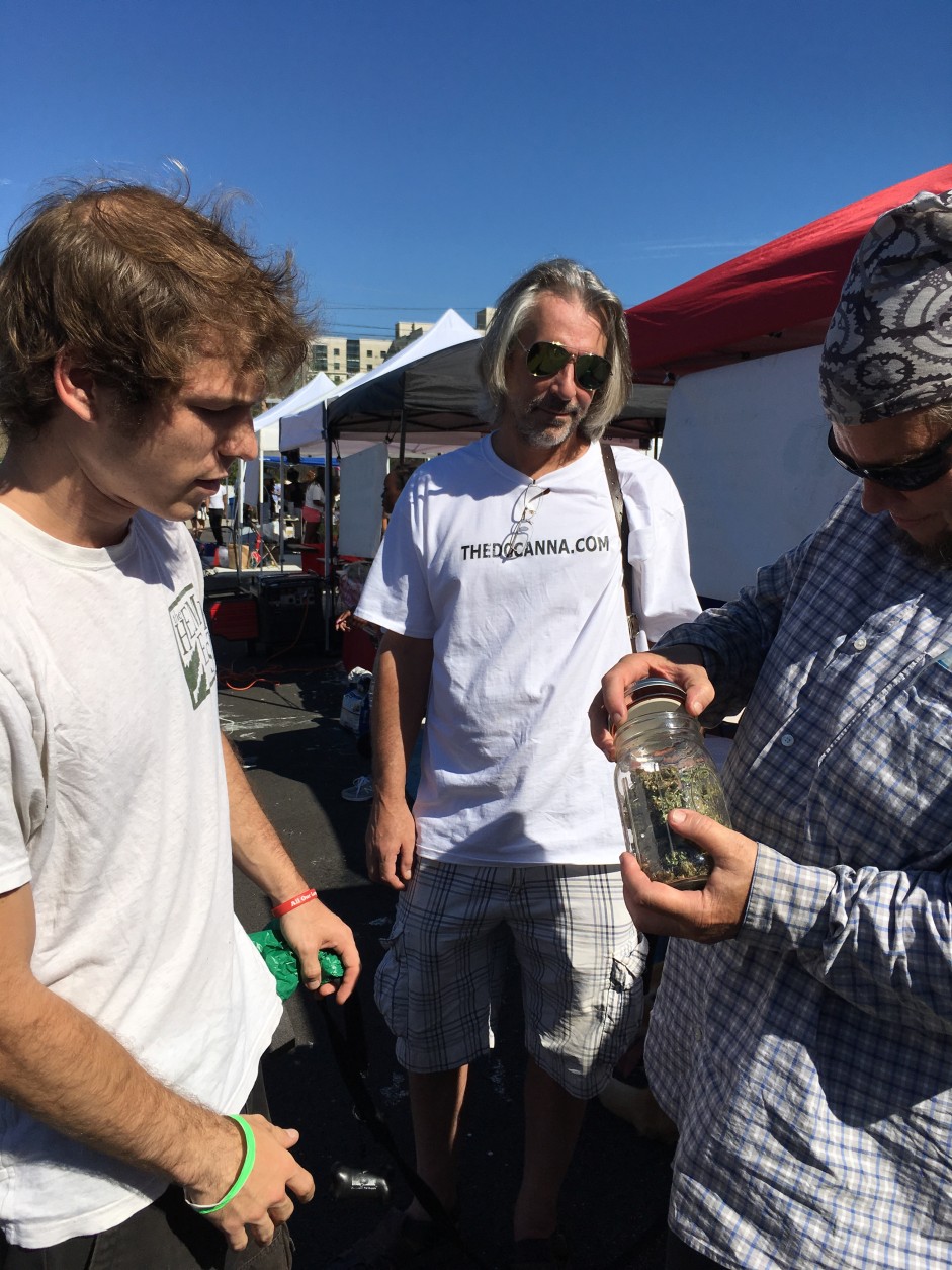 Mark Perry, coordinator of the DC State Fair Best Bud Competition, checks out the winning bud, “Golden Strawberries.” Sam McBee, (at left) who submitted entry, is pictured here with Samson Paisley. (WTOP/Liz Anderson)