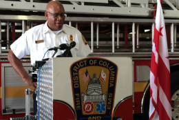 "Some are born great, some achieve greatness and others have greatness thrust upon them," intoned D.C. fire Chief Gregory Dean, quoting from Shakespeare's "Twelfth Night" as he honored the two quick-acting bystanders — college student Dylan Mehri and nurse practitioner Michelle Michaels — in an Aug. 17 ceremony at Fire Station 29 on MacArthur Boulevard Northwest. (WTOP/Dick Uliano)