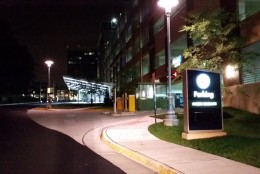 A man was shot by a Fairfax County sheriff's deputy on the campus of Inova Fairfax Hospital Monday night. (WTOP/Kathy Stewart)