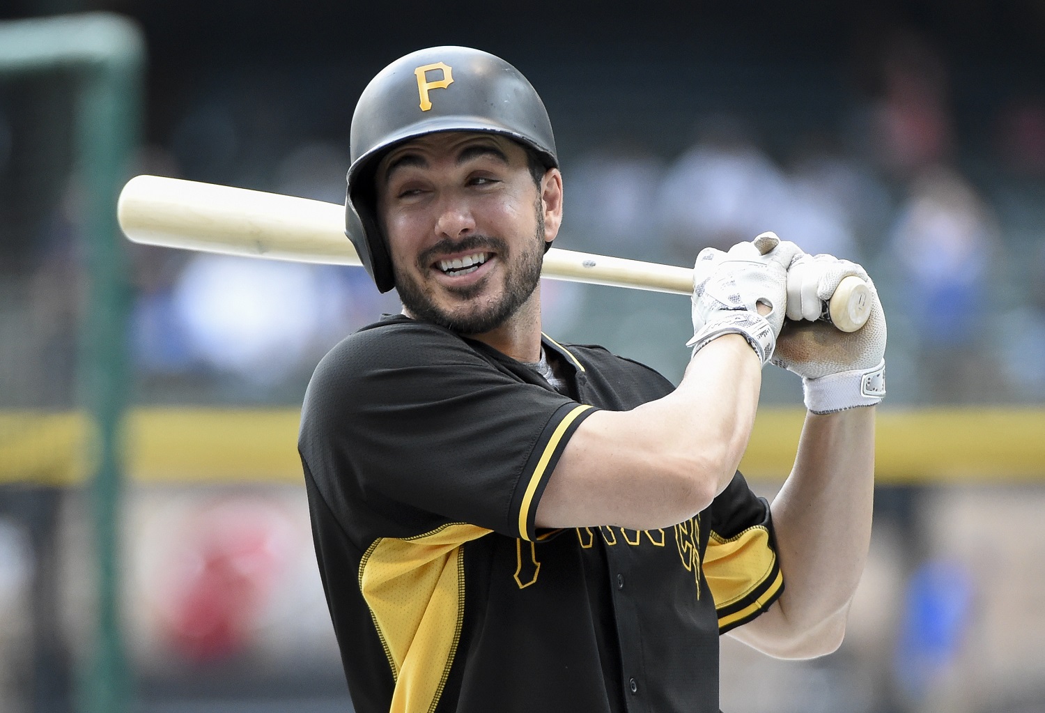 Pittsburgh Pirates' Matt Joyce takes batting practice before a baseball game against the Milwaukee Brewers Friday, July 29, 2016, in Milwaukee. (AP Photo/Benny Sieu)