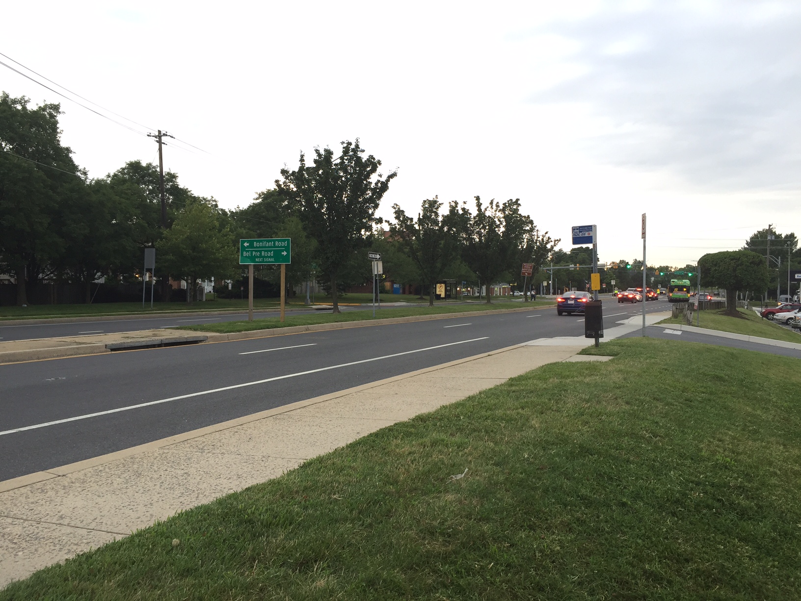 Layhill Road at Bel Pre Road, where a pedestrian was stuck and killed by a car Thursday night. (WTOP/Dennis Foley)