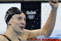 United States' Katie Ledecky celebrates after the women's 800-meter freestyle final during the swimming competitions at the 2016 Summer Olympics, Friday, Aug. 12, 2016, in Rio de Janeiro, Brazil. (AP Photo/Michael Sohn)
