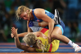 RIO DE JANEIRO, BRAZIL - AUGUST 18: Helen Louise Maroulis of the United States (blue) competes against Sofia Magdalena Mattsson of Sweden during the Women's Freestyle 53 kg Semifinals on Day 13 of the Rio 2016 Olympic Games at Carioca Arena 2 on August 18, 2016 in Rio de Janeiro, Brazil.  (Photo by Julian Finney/Getty Images)
