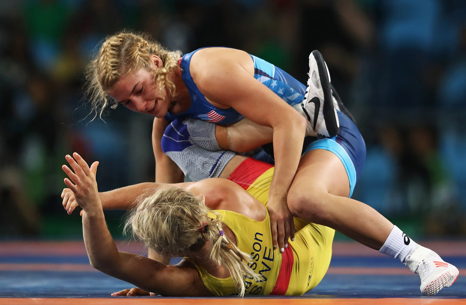 RIO DE JANEIRO, BRAZIL - AUGUST 18: Helen Louise Maroulis of the United States (blue) competes against Sofia Magdalena Mattsson of Sweden during the Women's Freestyle 53 kg Semifinals on Day 13 of the Rio 2016 Olympic Games at Carioca Arena 2 on August 18, 2016 in Rio de Janeiro, Brazil.  (Photo by Julian Finney/Getty Images)