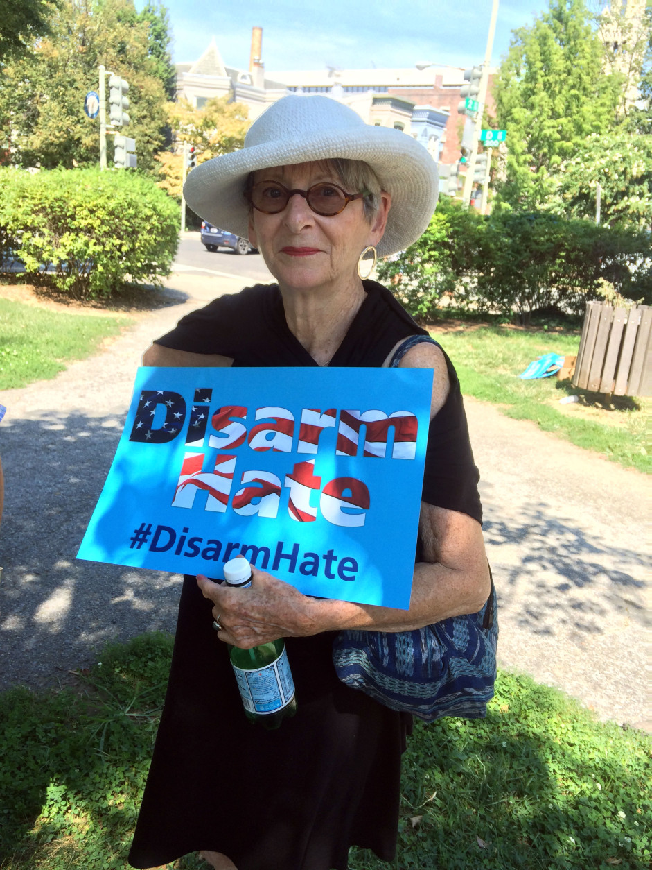 Sharon Devine is a member of the Gray Panthers who drove all night from Southfield, Michigan to attend a rally for gun control in Washington, D.C. on Saturday, Aug. 27, 2016. "I'm so opposed to people being able to get high-powered weapons that are meant for war,” Devine says. (WTOP/Dick Uliano)
