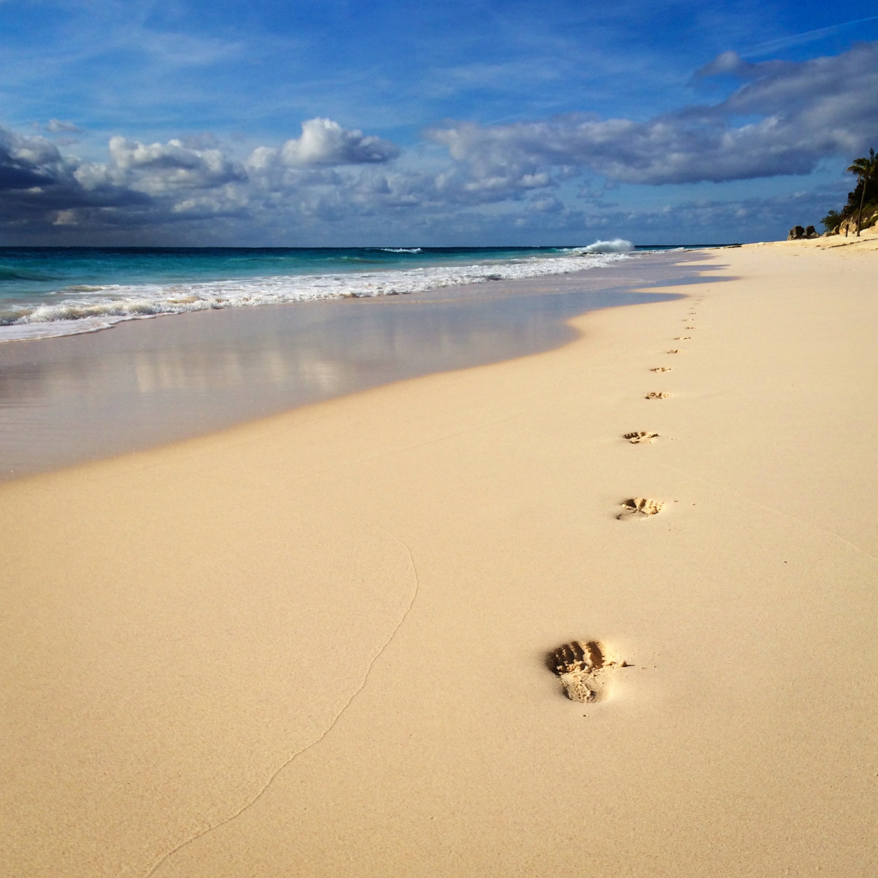 Footprints of a barefoot runner trail off into the distance on a beach coastline.