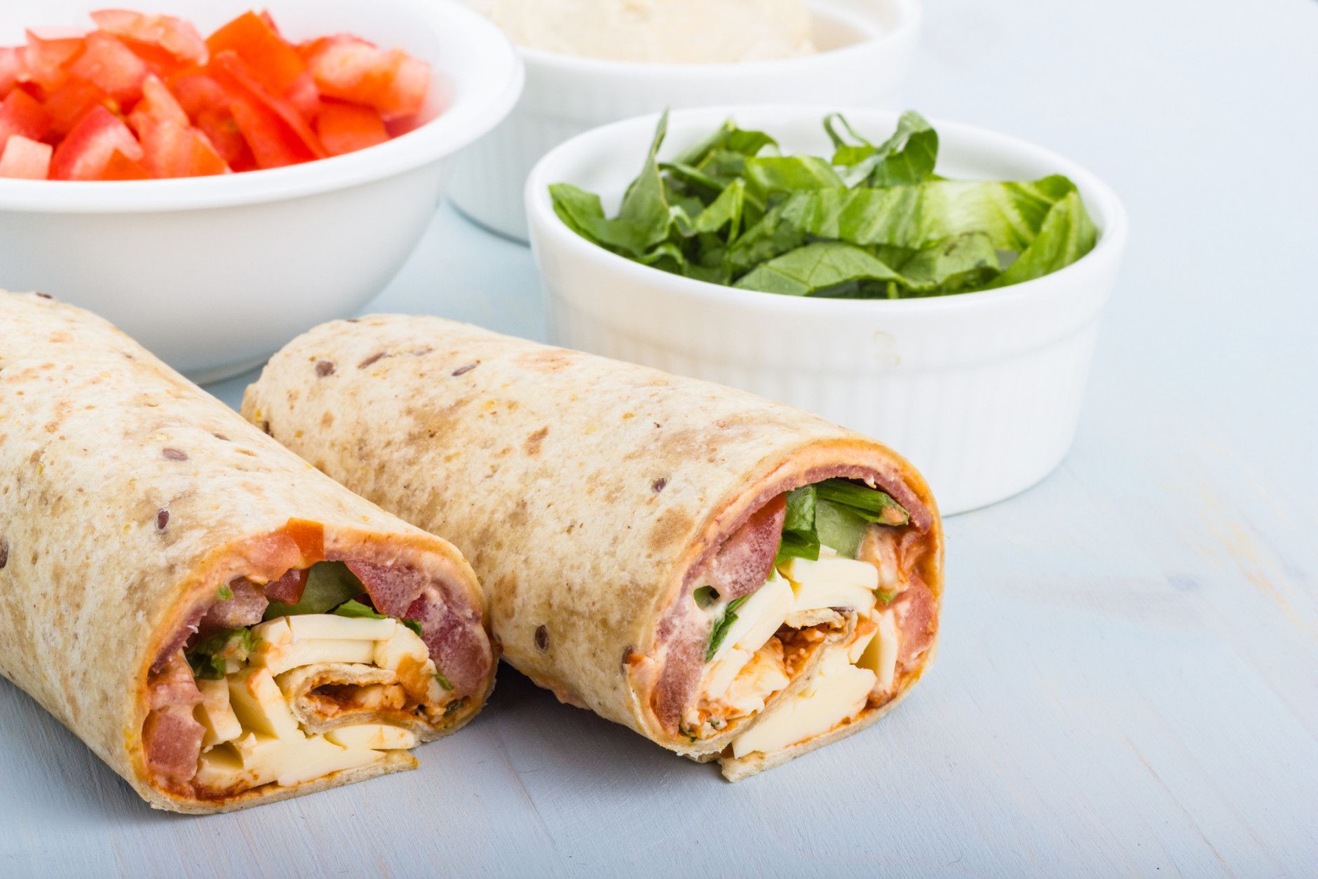 Pepperoni, tomato, lettuce, harissa and hoummous gently wraped in tortilla.