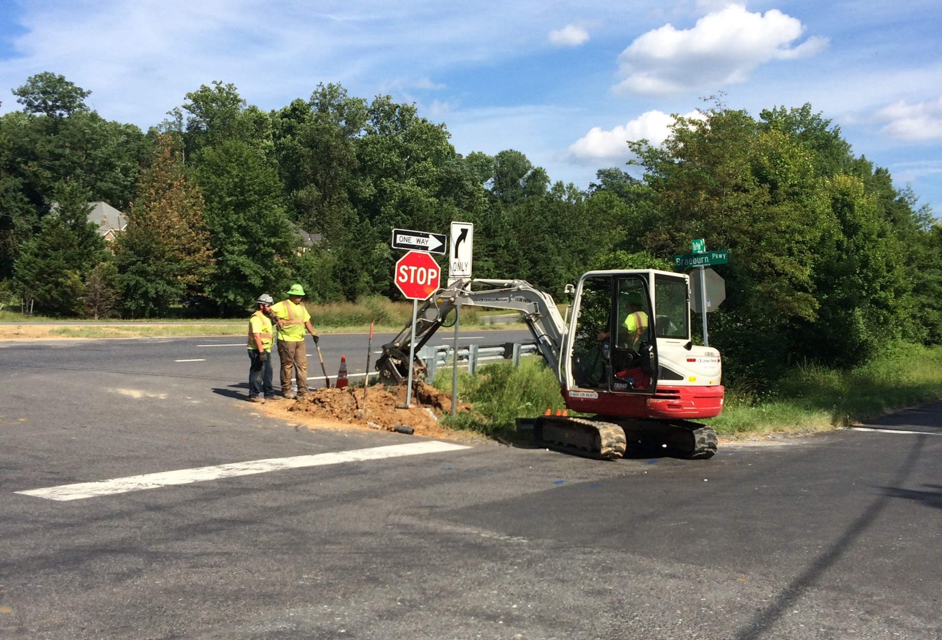 Crews have begun work to enhance safety at a River Road intersection that was a site of a fatal crash. (WTOP/Dick Uliano)