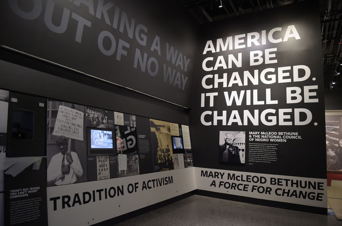 An exhibit featuring activism is on display at the National Museum of African American History and Culture in Washington, Wednesday, Sept. 14, 2016, during a press preview. (AP Photo/Susan Walsh)