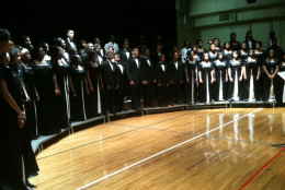 The 84-member choir from the Center for the Visual and Performing Arts at Suitland High School will join singers from T.C. Williams High in Alexandria and Walter Johnson High in Bethesda for Saturday's event. (Courtesy Maria Saldana)