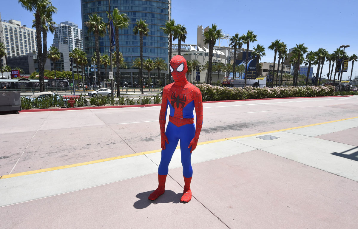 10. Spiderman costume. A fan dressed as Spiderman practices his moves outside of the convention center on day 1 of the 2014 Comic-Con International Convention held Thursday, July 24, 2014 in San Diego. (Photo by Denis Poroy/Invision/AP)