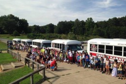 Summer camp students line up with Enshin Karate buses. (Courtesy Nima Mazhari)