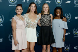 Four of the five members of the "Final Five" gymnastics team on the red carpet. (Courtesy Shannon Finney, <a href="http://www.shannonfinneyphotography.com">www.shannonfinneyphotography.com</a>)