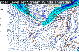 This map is also from the GFS computer model for the upper level winds. Where the winds are concentrated with the strongest speeds is the Jet Stream. It shows the ridge of high pressure building here along the East Coast, forming the Bermuda High pattern. Where there’s a trough or a dip in the Rockies, it will be cooler than average. That trough may also help draw some tropical rains into the desert southwest from a Pacific system. The tail on the wind barbs, as they’re called, are showing the direction from which the wind is blowing. The strong jet speeds are a consequence of the contrast in temperatures between Canada and the eastern United States. It could contribute to some big thunderstorms in the Midwest as a slow moving cold front moves across the area. (Data and Graphic: Environmental Modeling Center/NOAA)