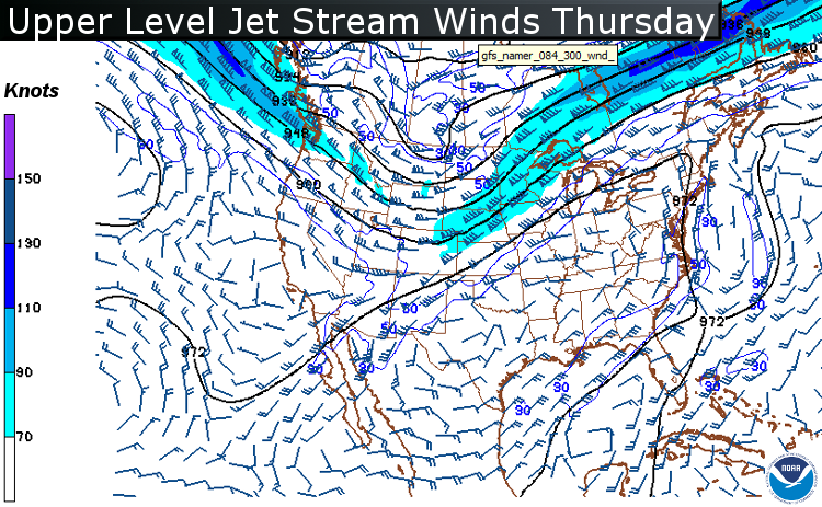 This map is also from the GFS computer model for the upper level winds. Where the winds are concentrated with the strongest speeds is the Jet Stream. It shows the ridge of high pressure building here along the East Coast, forming the Bermuda High pattern. Where there’s a trough or a dip in the Rockies, it will be cooler than average. That trough may also help draw some tropical rains into the desert southwest from a Pacific system. The tail on the wind barbs, as they’re called, are showing the direction from which the wind is blowing. The strong jet speeds are a consequence of the contrast in temperatures between Canada and the eastern United States. It could contribute to some big thunderstorms in the Midwest as a slow moving cold front moves across the area. (Data and Graphic: Environmental Modeling Center/NOAA)