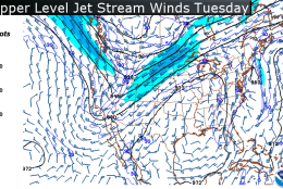 This map is also from the GFS computer model for the upper level winds. Where the winds are concentrated with the strongest speeds is the Jet Stream. It shows the ridge of high pressure building here along the East Coast, forming the Bermuda High pattern. Where there’s a trough or a dip in the Rockies, it will be cooler than average. That trough may also help draw some tropical rains into the desert southwest from a Pacific system. The tail on the wind barbs, as they’re called, are showing the direction from which the wind is blowing. The strong jet speeds are a consequence of the contrast in temperatures between Canada and the eastern United States. It could contribute to some big thunderstorms in the Midwest as a slow moving cold front moves across the area. (Data and Graphic: Environmental Modeling Center/NOAA.)