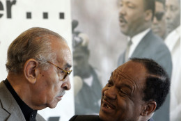Civil rights leader Wyatt Tee Walker, left, is introduced by civil rights leader Walter Fauntroy, right, during a rally at the National Press Club in Washington, Tuesday, July 2, 2008 to present a retrospective of where the nation has come in the 45 years since Dr. Martin Luther King's "I Have a Dream" speech. (AP Photo/Susan Walsh)