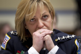Washington, DC Police Chief Cathy Lanier pauses while testifying on Capitol Hill in Washington, Tuesday,Jan. 24, 2012, before the House Oversight and Government Reform Committee hearing on the McPherson Square campsite as part of the ongoing Occupy DC protest.  (AP Photo/Evan Vucci)