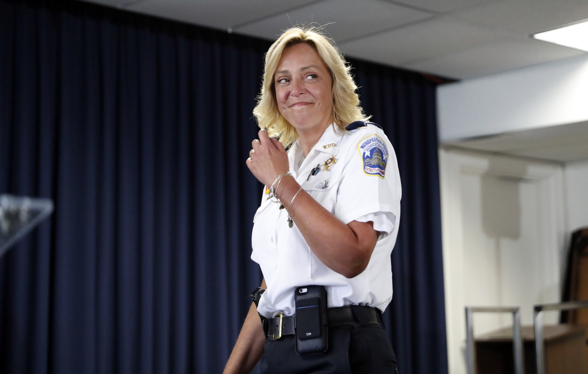 Washington police chief Cathy Lanier arrives for a news conference, Tuesday, Aug. 16, 2016 in Washington. Lanier is stepping down to become head of security for the National Football League. (AP Photo/Alex Brandon)