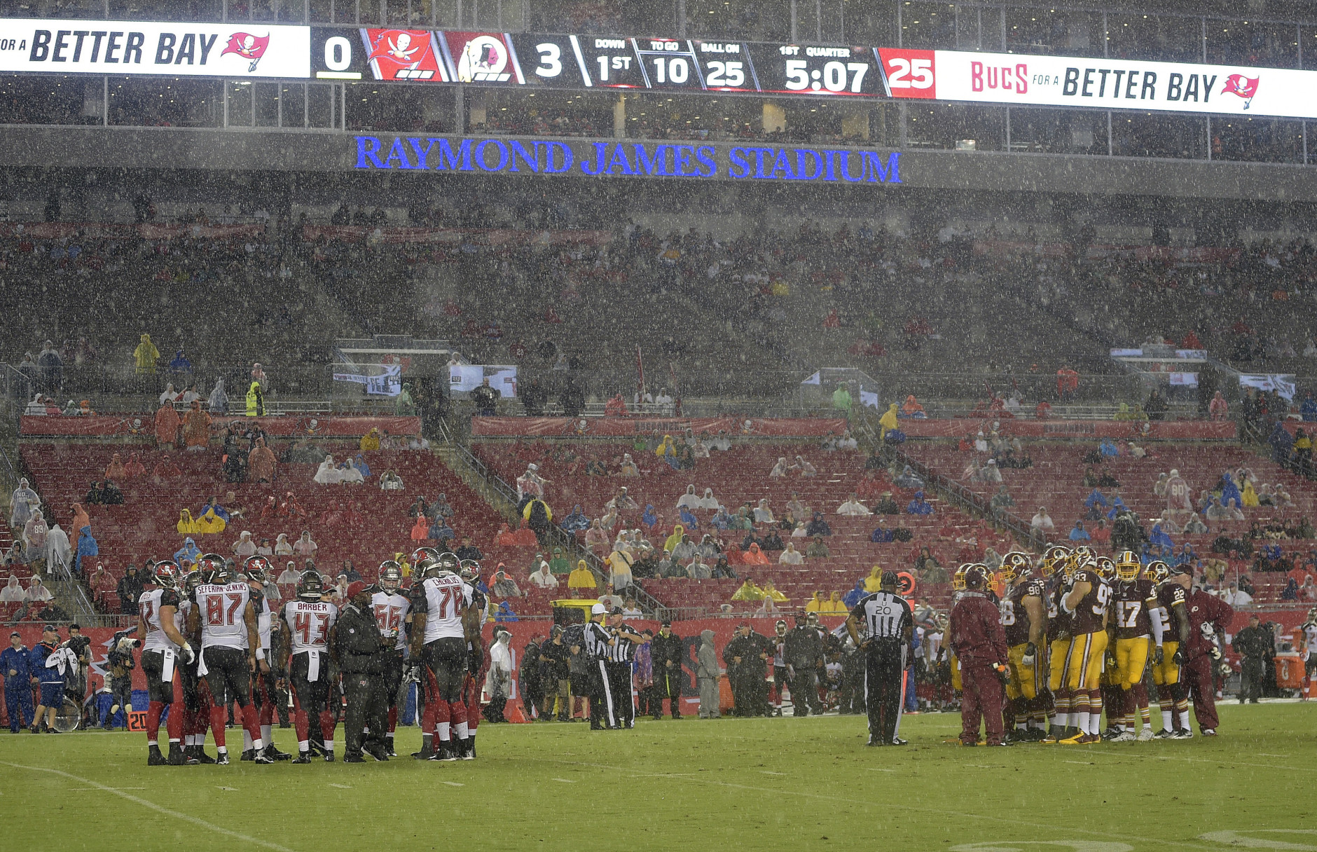 The Tampa Bay Buccaneers and Washington Redskins play each other in a driving rain storm from tropical storm Hermine during the first quarter of an NFL preseason football game Wednesday, Aug. 31, 2016, in Tampa, Fla. (AP Photo/Phelan M. Ebenhack)