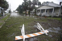 Seaweed covers a flooded street in Cedar Key, Fla. as Hurricane Hermine nears the Florida coast, Thursday, Sept. 1, 2016. Hurricane Hermine gained new strength Thursday evening and roared ever closer to Florida's Gulf Coast, where rough surf began smashing against docks and boathouses and people braced for the first direct hit on the state from a hurricane in over a decade. (AP Photo/John Raoux)