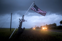 Winds and rain from Hurricane Hermine approach Highway 80 that leads to Tybee Island, Ga., Friday, Sept. 2, 2016. Hermine was downgraded to a tropical storm after it made landfall, as it moves over Georgia, but the U.S. National Hurricane Center says winds are increasing along the Southeast coast and flooding rains continue.  (AP Photo/Stephen B. Morton)