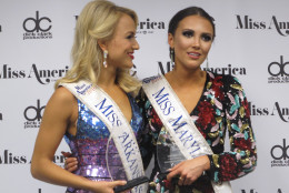 Miss Arkansas Savvy Shields, left, and Miss Maryland Hannah Brewer, right, speak with reporters after winning preliminary competitions on the second night of the Miss America pageant in Atlantic City, Wednesday, Sept. 7, 2016. Shields won the talent competition with a jazz dance, and Brewer won the swimsuit competition. The next Miss America will be crowned Sunday night. (AP Photo/Wayne Parry)