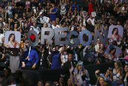 Fans of Miss Oregon Alexis Mather, hold up a sign during the Miss America 2017 pageant, Sunday, Sept. 11, 2016, in Atlantic City, N.J. (AP Photo/Mel Evans)