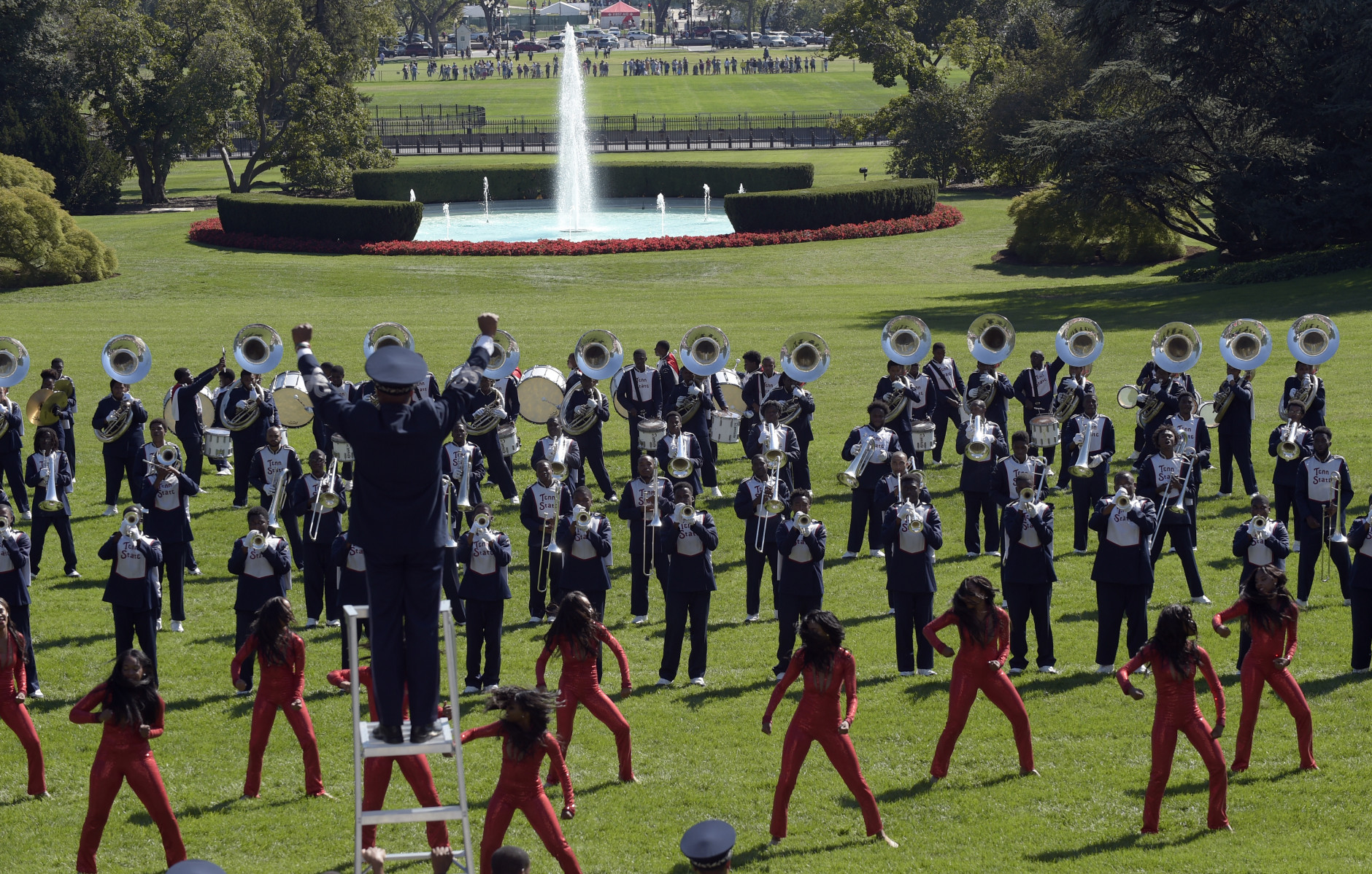 The Tennessee State University Marching band performs on the South Lawn of the White House in Washington, Friday, Sept. 23, 2016, as part of the entertainment for a reception at the White House for the opening of the Smithsonian's National Museum of African American History and Culture. (AP Photo/Susan Walsh)