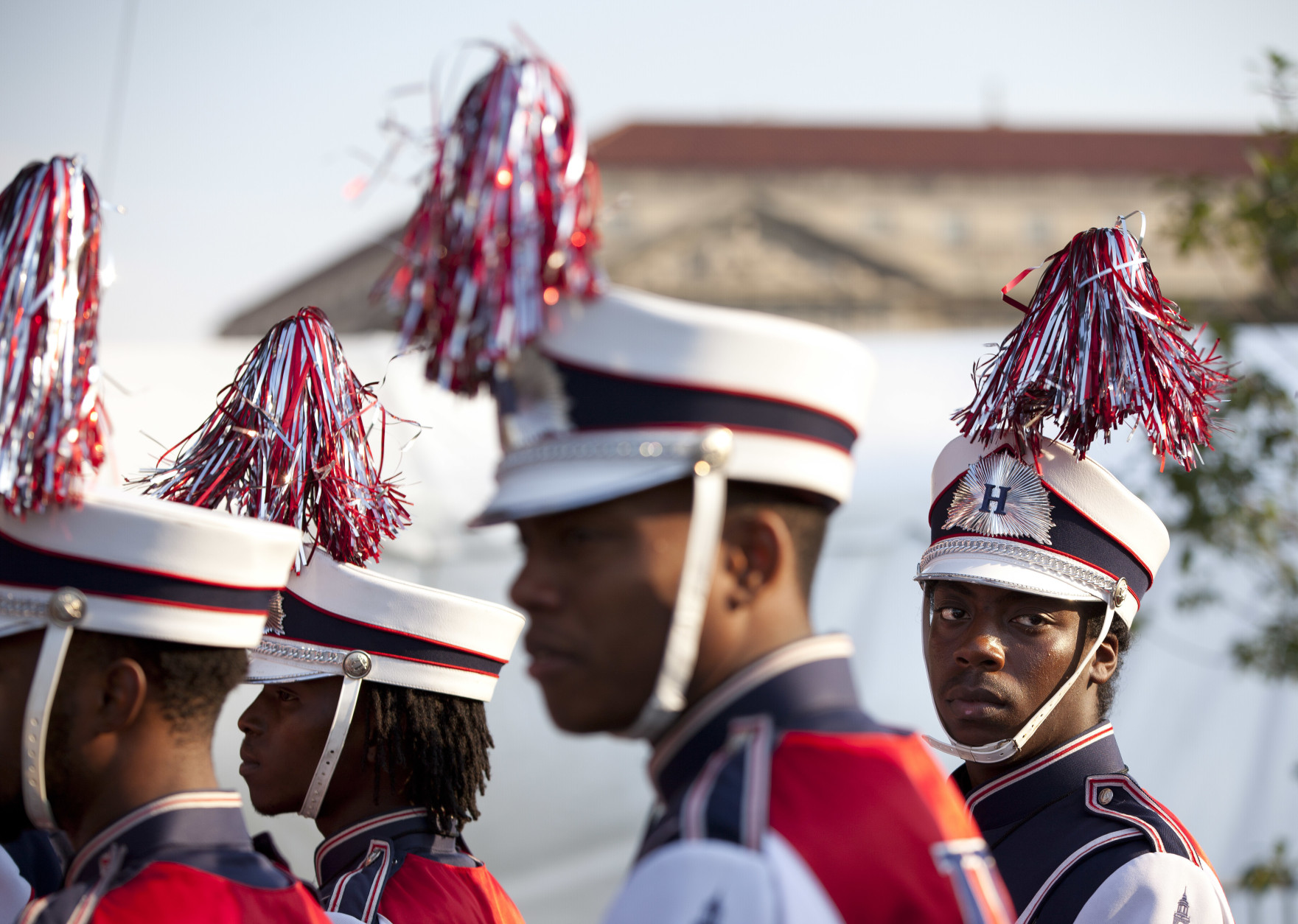 Members of Howard University's Marching Band arrive for the dedication ceremony of the Smithsonian Museum of African American History and Culture on the National Mall in Washington, Saturday, Sept. 24, 2016. (AP Photo/Pablo Martinez Monsivais)