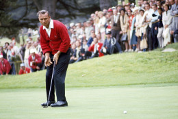 File-This June 19, 1966, file photo shows Arnold Palmer in action during the U.S.Open Golf Championship at Olympic Country Club, San Francisco, Calif.  Palmer, who made golf popular for the masses with his hard-charging style, incomparable charisma and a personal touch that made him known throughout the golf world as "The King," died Sunday, Sept. 25, 2016, in Pittsburgh. He was 87. (AP Photo, File)