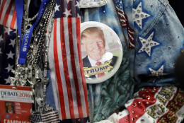 Boxing promoter Don King wears a button in support of Donald Trump before the presidential debate between Democratic presidential candidate Hillary Clinton and Republican presidential candidate Donald Trump at Hofstra University in Hempstead, N.Y., Monday, Sept. 26, 2016. (AP Photo/John Locher)