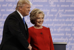 Democratic presidential nominee Hillary Clinton shakes hands with Republican presidential nominee Donald Trump during the presidential debate at Hofstra University in Hempstead, N.Y., Monday, Sept. 26, 2016. (AP Photo/Julio Cortez)