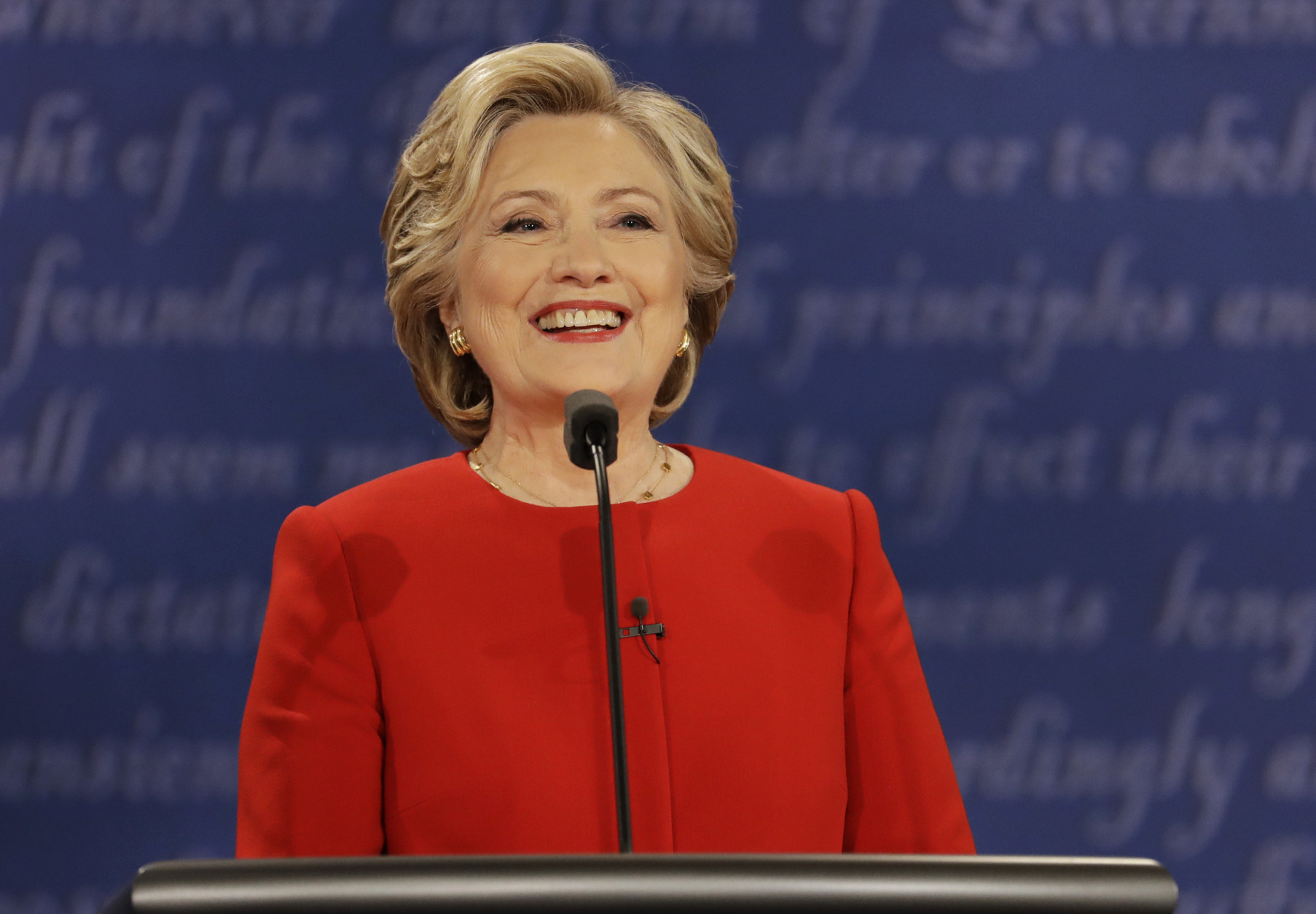 Democratic presidential nominee Hillary Clinton speaks during the presidential debate with Republican presidential nominee Donald Trump at Hofstra University in Hempstead, N.Y., Monday, Sept. 26, 2016. (AP Photo/Julio Cortez)