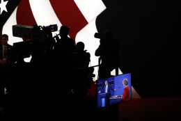 Democratic presidential nominee Hillary Clinton and Republican presidential nominee Donald Trump appear on a monitor during the presidential debate at Hofstra University in Hempstead, N.Y., Monday, Sept. 26, 2016. (AP Photo/Mary Altaffer)