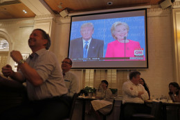 People watch live broadcasting of the U.S. presidential debate between Democratic presidential nominee Hillary Clinton and Republican presidential nominee Donald Trump, at Foreign Correspondents' Club in Hong Kong, Tuesday, Sept. 27, 2016. (AP Photo/Vincent Yu)
