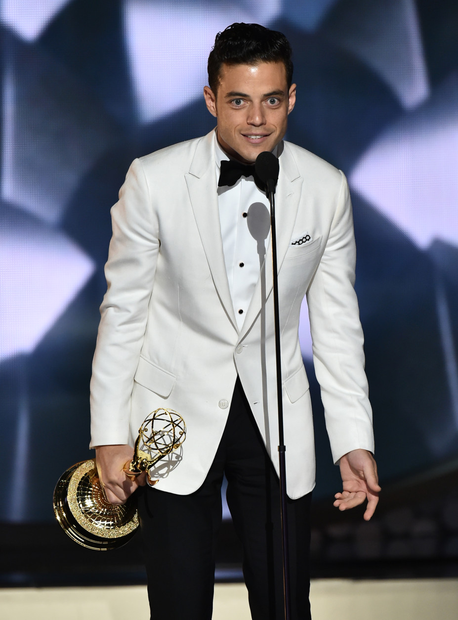 Rami Malek accepts the award for outstanding lead actor in a drama series for Mr. Robot at the 68th Primetime Emmy Awards on Sunday, Sept. 18, 2016, at the Microsoft Theater in Los Angeles. (Photo by Vince Bucci/Invision for the Television Academy/AP Images)