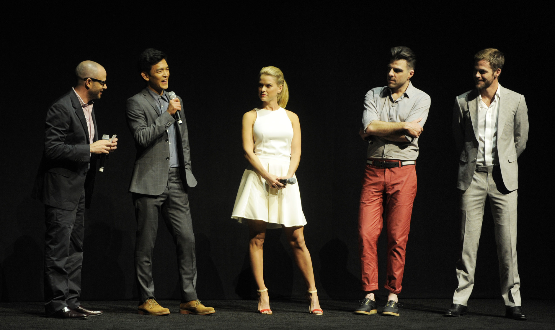 Damon Lindelof, left, co-writer and co-producer of the forthcoming film "Star Trek Into Darkness," joins cast members, left to right, John Cho, Alice Eve, Zachary Quinto and Chris Pine to answer questions about the film at CinemaCon 2013's Opening Night Presentation from Paramount Pictures at Caesars Palace on Tuesday, April 15, 2013 in Las Vegas. (Photo by Chris Pizzello/Invision/AP)