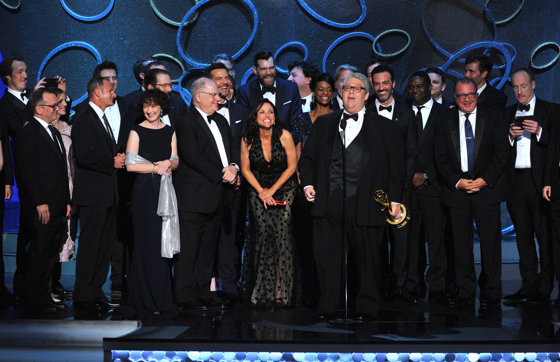 David Mandel and the cast and crew from Veep accept the award for outstanding comedy series at the 68th Primetime Emmy Awards on Sunday, Sept. 18, 2016, at the Microsoft Theater in Los Angeles. (Photo by Vince Bucci/Invision for the Television Academy/AP Images)