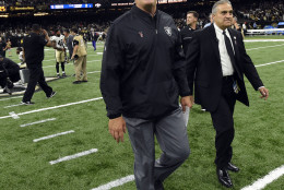 Oakland Raiders head coach Jack Del Rio lets out a yell as he walks off the field after  an NFL football game against the Oakland Raiders in New Orleans, Sunday, Sept. 11, 2016. The Raiders won 35-34. (AP Photo/Bill Feig)