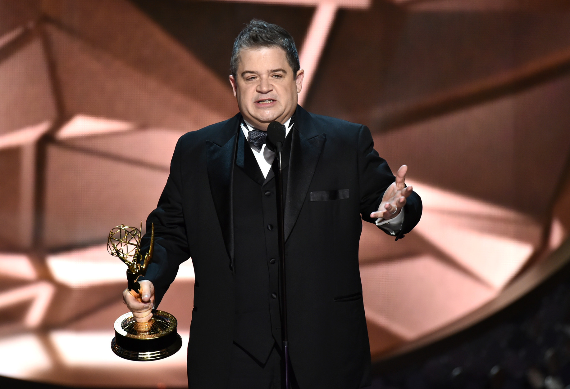 Patton Oswalt accepts the award for outstanding writing for a variety series for Patton Oswalt: Talking for Clapping at the 68th Primetime Emmy Awards on Sunday, Sept. 18, 2016, at the Microsoft Theater in Los Angeles. (Photo by Vince Bucci/Invision for the Television Academy/AP Images)