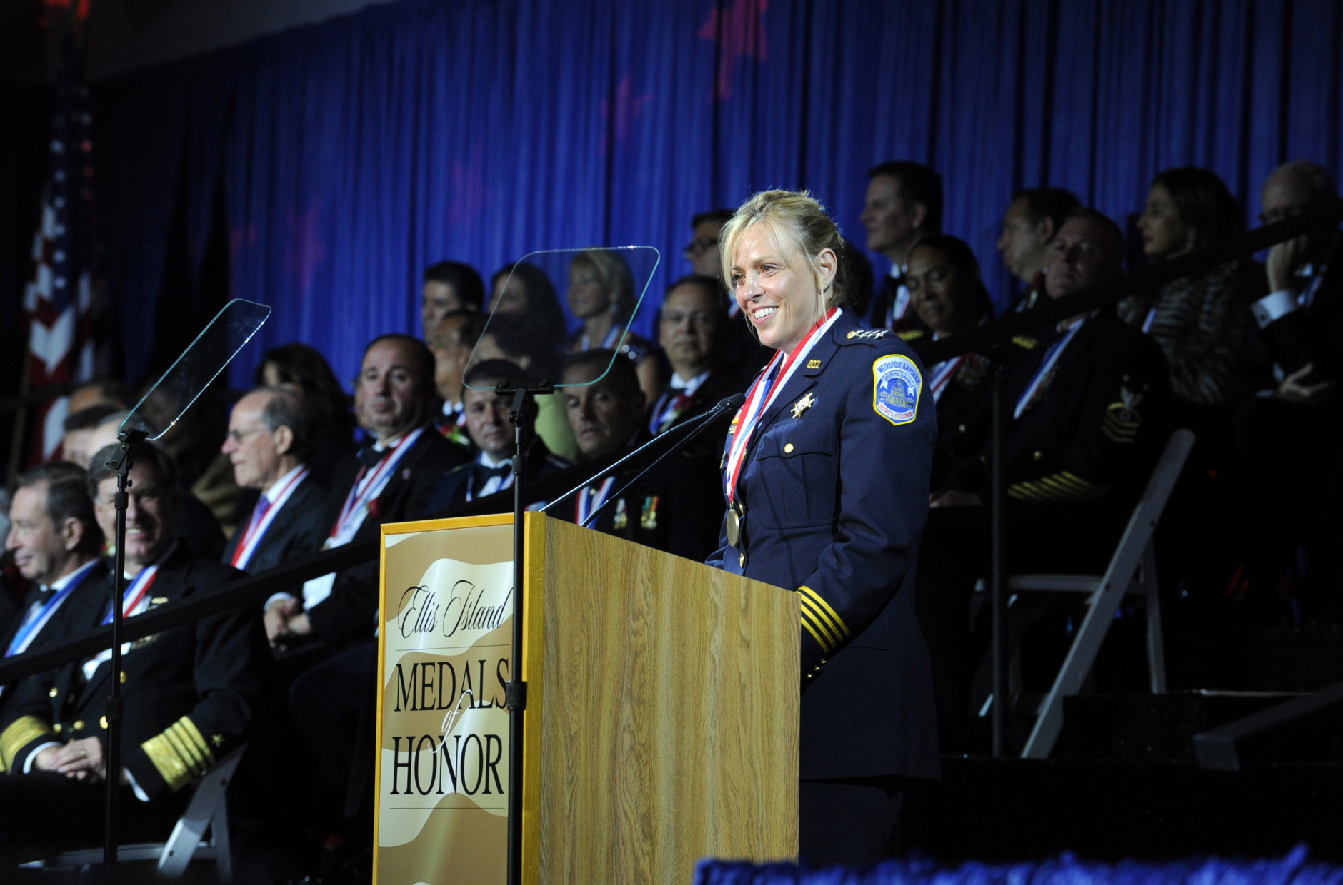 IMAGE DISTRIBUTED FOR NECO - Washington, D.C. Police Chief Cathy L. Lanier speaks at the National Ethnic Coalition of Organizations' 2015 Ellis Island Medal of Honor awards ceremony on Ellis Island, Saturday, May 9, 2015.  NECO honored Lanier as one of 101 recipients, including New York Yankees legend Mariano Rivera, journalist Meredith Vieira, and 11 members of the U.S. military.  NECO's mission is to honor and preserve the diversity of the American people and to foster tolerance, respect and understanding among religious and ethnic groups. (Photo by Diane Bondareff/Invision for NECO/AP Images)