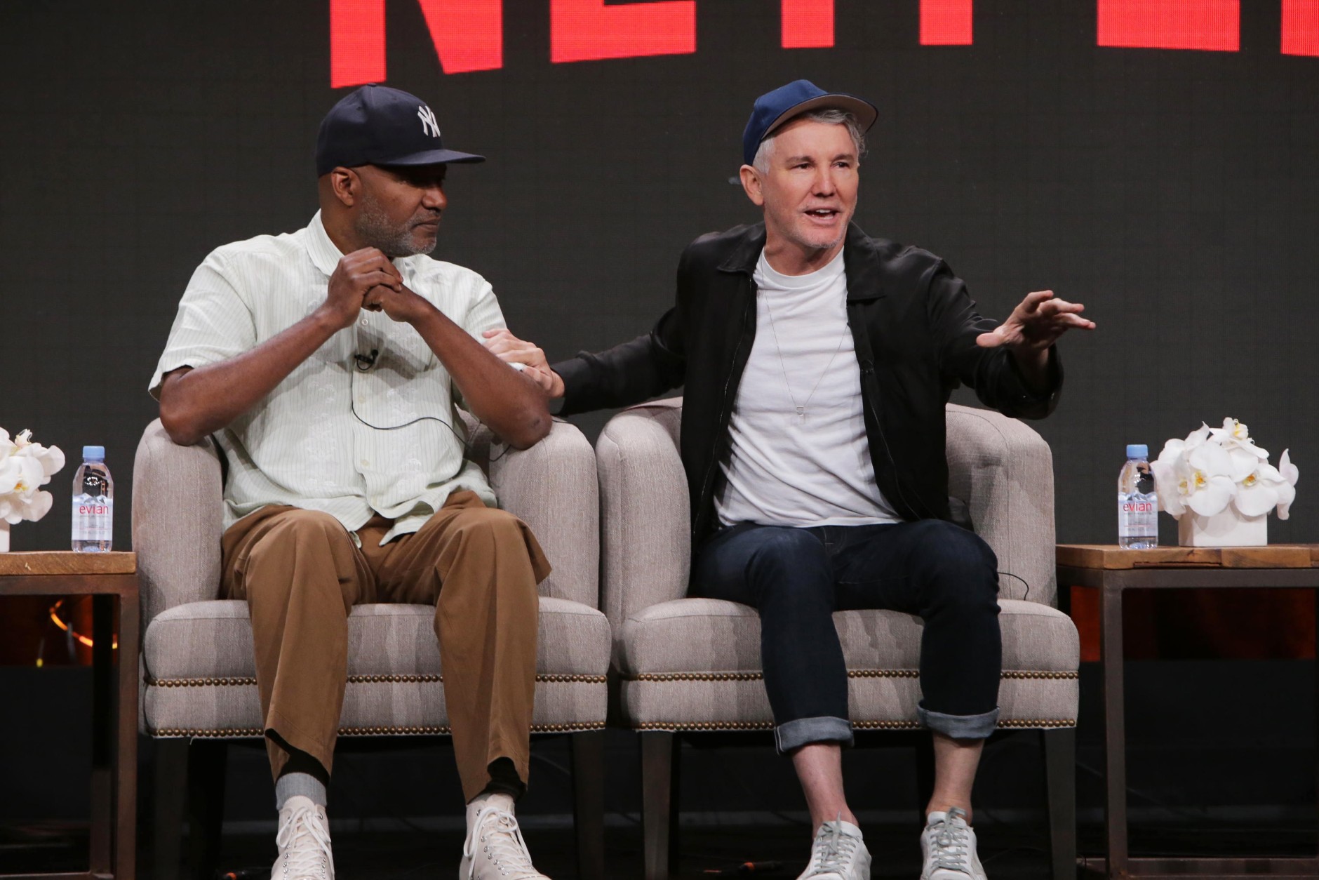 Nelson George, Producer and Writer, and  Baz Luhrmann, Executive Producer/Writer and Director, speak on panel for "The Get Down" at Netflix 2016 Summer TCA at the Beverly Hilton Hotel on Wednesday, July 27, 2016, in Los Angeles. (Photo by Eric Charbonneau/Invision for Netflix/AP Images)